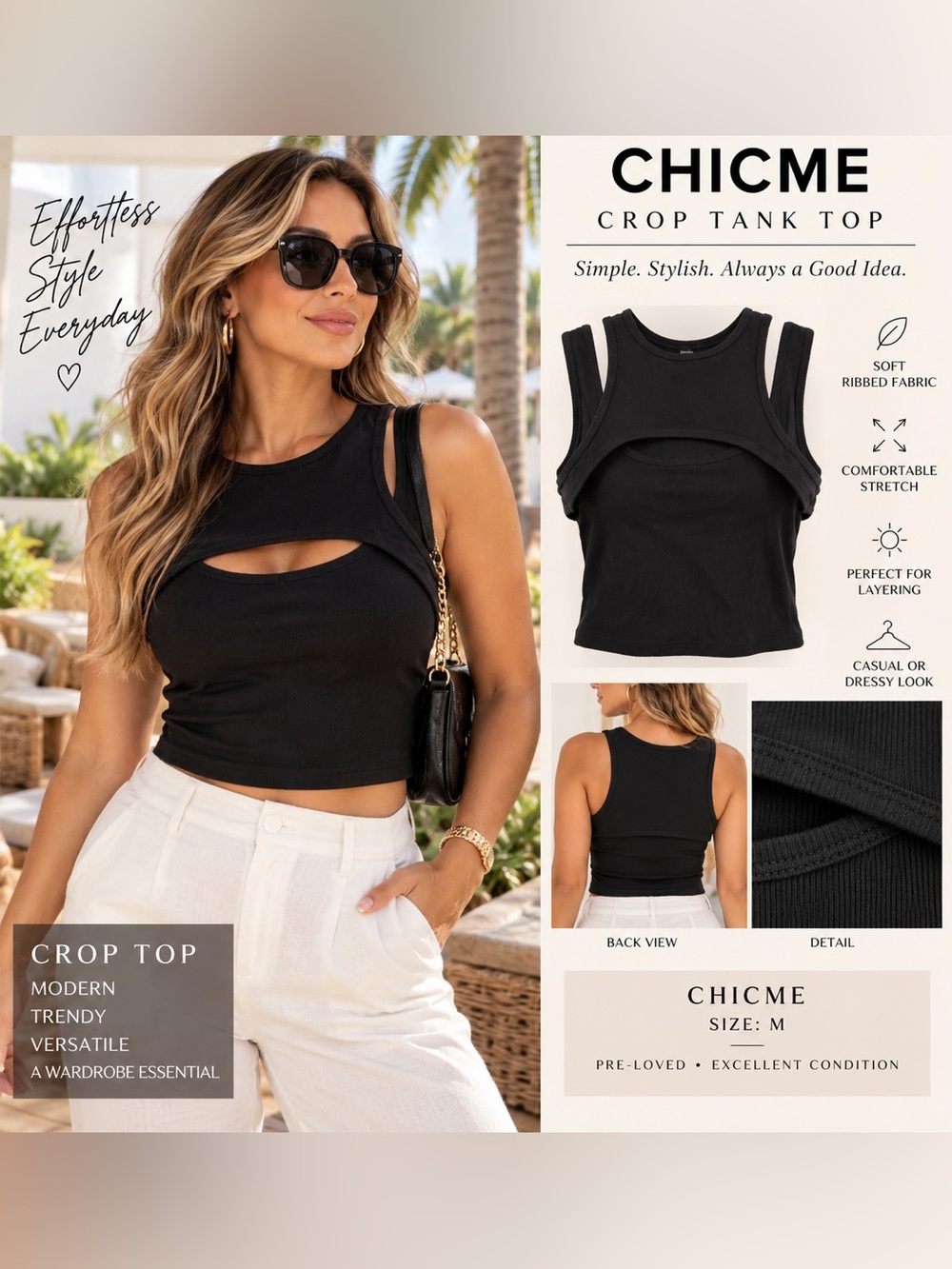 Chicme Black Double-Strap Cutout Crop Tank Top
